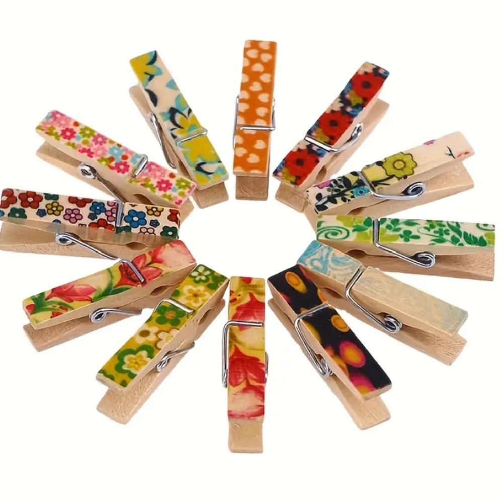 20pcs Assorted Wooden Mini Craft Clips - Decorative Painted Clips